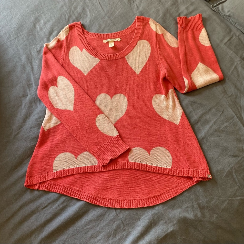 Billabong 100% cotton pink and white love heart jumper. - Picture 3 of 5